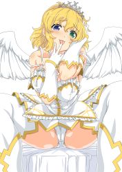 Rule 34 | 10s, 1girl, absurdres, bare shoulders, blonde hair, blue eyes, blush, boots, breasts, cameltoe, cleavage, cleft of venus, dress, feathered wings, frilled dress, frills, gloves, green eyes, hair between eyes, heterochromia, highres, j.h., jewelry, large breasts, licking, licking finger, looking at viewer, necklace, panties, pantyshot, pearl necklace, ryouna (senran kagura), senran kagura, senran kagura shinovi versus, short dress, short hair, sitting, solo, spread legs, tareme, thighhighs, tiara, tongue, tongue out, underwear, white dress, white footwear, white gloves, white panties, white thighhighs, white wings, wings