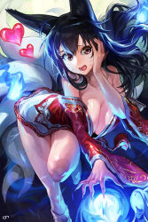 Rule 34 | 1girl, ahri (league of legends), animal ears, bare shoulders, black hair, blue fire, breasts, cleavage, collarbone, detached sleeves, dress, facial mark, fang, fingernails, fire, fox ears, fox tail, hand on own cheek, hand on own face, heart, heart-shaped pupils, highres, korean clothes, large breasts, league of legends, leaning forward, long fingernails, long hair, low neckline, modare, multiple tails, open mouth, orb, outstretched hand, sharp fingernails, short dress, socks, solo, standing, standing on one leg, strapless, strapless dress, symbol-shaped pupils, tail, tongue, whisker markings, wide sleeves