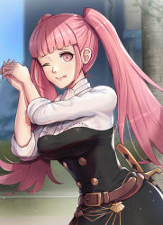 Rule 34 | 1girl, ;q, belt, black dress, blurry, blurry background, breasts, brown belt, commentary request, cowboy shot, dress, fire emblem, fire emblem: three houses, garreg mach monastery uniform, gonzarez, hands up, highres, hilda valentine goneril, holster, interlocked fingers, large breasts, leather belt, long hair, looking at viewer, nintendo, one eye closed, pillar, pink eyes, pink hair, shadow, sheath, sheathed, shirt, shirt under dress, sidelocks, smile, solo, sword, tongue, tongue out, twintails, weapon, white shirt