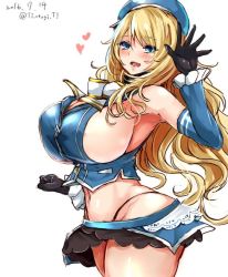 Rule 34 | 10s, 1girl, 2016, :d, adapted costume, areola slip, armpits, atago (kancolle), bad id, bad twitter id, bare shoulders, beret, black gloves, black panties, black skirt, blonde hair, blue eyes, blue skirt, blush, breasts, cleavage, cowboy shot, crop top, dated, detached sleeves, from side, gloves, groin, hat, heart, highleg, highleg panties, huge breasts, kantai collection, kurokawa otogi, long hair, looking at viewer, looking to the side, microskirt, navel, open mouth, otogi (s in w), overskirt, panties, sideboob, skirt, smile, solo, stomach, string panties, thick thighs, thighs, thong, twitter username, underwear, wavy hair, whale tail (clothing), white background, wide hips