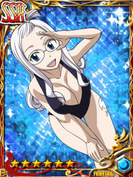 Rule 34 | 1girl, blue eyes, breasts, cleavage, fairy tail, glasses, large breasts, legs, long hair, looking at viewer, mirajane strauss, official art, one-piece swimsuit, open mouth, smile, swimsuit, tattoo, white hair