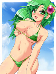 Rule 34 | 1990s (style), 1girl, :d, aged up, areola slip, bare shoulders, bikini, blue sky, blush, breast lift, breasts, cameltoe, cleavage, cloud, covered erect nipples, day, dutch angle, female focus, final fantasy, final fantasy iv, gem, green bikini, green eyes, green hair, hair ornament, konpeto, large breasts, long hair, looking at viewer, matching hair/eyes, micro bikini, naughty face, navel, nipple slip, nipples, open mouth, outdoors, parted bangs, retro artstyle, rydia (ff4), sideboob, sky, smile, solo, standing, string bikini, sweat, swimsuit, thighhighs, thong bikini, underboob