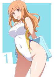 Rule 34 | 1girl, :d, arms behind back, blue background, blunt bangs, blush, breasts, competition swimsuit, covered navel, cowboy shot, girls und panzer, highleg, highleg swimsuit, highres, holding, kickboard, leaning forward, light blush, long hair, looking at viewer, medium breasts, nakamura yukitoshi, one-piece swimsuit, open mouth, orange eyes, orange hair, outside border, smile, solo, standing, swimsuit, takebe saori, thighs, white one-piece swimsuit