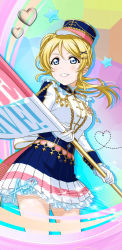 Rule 34 | 1girl, artist name, artist request, ayase eli, back bow, band uniform, bare legs, blonde hair, blue eyes, blue hat, blue skirt, blush, bow, braid, braided ponytail, breasts, close-up, dress, epaulettes, female focus, flag, flag pole, floating hair, gloves, hair between eyes, hair ornament, hat, high ponytail, highres, holding, holding flag, layered skirt, long hair, long sleeves, looking at viewer, love live!, love live! school idol festival, love live! school idol project, medium breasts, miniskirt, parted lips, peaked cap, plaid, plaid dress, plaid skirt, pleated, pleated dress, pleated skirt, ponytail, shako cap, short hair, skirt, sleeve cuffs, smile, solo, sparkle print, teeth, white bow, white dress, white gloves, white skirt, x hair ornament