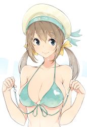 Rule 34 | 10s, 1girl, amami amayu, bare shoulders, bikini, blue eyes, bow, breasts, brown hair, cleavage, collarbone, error musume, front-tie top, green bikini, hair bow, halterneck, hat, kantai collection, large breasts, long hair, low twintails, print bikini, smile, solo, sparkle, swimsuit, twintails, upper body