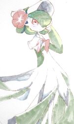 Rule 34 | 1girl, absurdres, adjusting clothes, adjusting headwear, arm behind back, blush, bob cut, bonnet, capelet, closed mouth, clothed pokemon, colored skin, creatures (company), female focus, flat chest, flower, game freak, gardevoir, gardevoir (fashionable), gen 3 pokemon, green hair, green skin, hair over one eye, hand up, hat, hat flower, highres, light blush, looking at viewer, mame (pixiv 57985908), marker (medium), multicolored skin, nintendo, one eye covered, pokemon, pokemon (creature), pokemon unite, red eyes, red flower, short hair, simple background, solo, standing, traditional media, two-tone skin, white background, white capelet, white hat, white skin