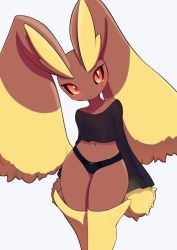 Rule 34 | 1girl, black panties, black sclera, black shirt, blush, body fur, brown fur, chestnut mouth, clothed pokemon, collarbone, colored sclera, commentary, cowboy shot, creatures (company), dot nose, eyelashes, furry, furry female, game freak, gen 4 pokemon, head tilt, long sleeves, looking at viewer, lopunny, navel, nintendo, no pants, orange eyes, panties, pointy ears, pokemon, pokemon (creature), red eyes, shirt, simple background, slit pupils, solo, standing, underwear, uno usaya, unousaya, white background, wide sleeves