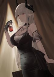 Rule 34 | 1girl, absurdres, arknights, bare shoulders, black choker, black dress, black gloves, breasts, choker, cleavage, cowboy shot, cup, detached sleeves, dress, drinking glass, gloves, hand up, highres, holding, holding cup, horns, indoors, large breasts, long hair, mudrock (arknights), mudrock (obsidian) (arknights), official alternate costume, pointy ears, red eyes, short sleeves, single glove, solo, spaghetti strap, very long hair, white hair, xiaobei