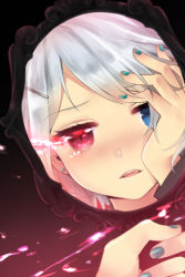 Rule 34 | 1girl, bad id, bad pixiv id, blue eyes, blush, earrings, hair ornament, hairclip, hand on own cheek, hand on own face, heterochromia, holding, iri flina, jewelry, maki666, makl, mirror, nail polish, no eyepatch, open mouth, red eyes, reflection, short hair, silver hair, solo, sword girls, tearing up, tears