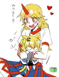 Rule 34 | 2girls, 6 (yuchae), anger vein, animal ears, arm warmers, biting, blonde hair, blood, blush, can, cat ears, cat tail, cuffs, heart, heart-shaped pupils, horns, hoshiguma yuugi, kemonomimi mode, mini person, minigirl, mizuhashi parsee, multiple girls, open mouth, pointy ears, red eyes, round teeth, shackles, shirt, simple background, single horn, skirt, smile, symbol-shaped pupils, tail, tail wagging, teeth, touhou, translation request, white background