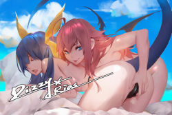 Rule 34 | 2girls, all fours, arc system works, ass, bad id, bad pixiv id, blue eyes, blue hair, blue sky, bow, breasts, cameltoe, character name, closed eyes, cloud, completely nude, crossover, day, demon wings, dizzy (guilty gear), english text, female focus, fingering, guilty gear, hair bow, high school dxd, highres, hu dako, lips, long hair, multiple girls, nude, pillow, pussy juice, rias gremory, sky, smile, tail, topless, wings, yellow bow, yuri