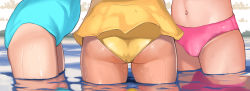 Rule 34 | 3girls, absurdres, ass, bikini, blue one-piece swimsuit, close-up, commentary request, female focus, groin, highres, jishimaru, multiple girls, navel, one-piece swimsuit, one-piece tan, original, outdoors, pink bikini, standing, swimsuit, tan, tanline, thighs, wading, water, water drop, wet, yellow one-piece swimsuit