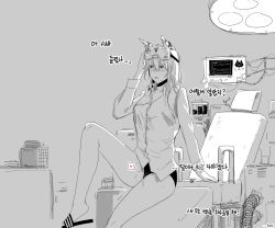 Rule 34 | 1girl, animal ears, blush, cat ears, chair, character request, girls&#039; frontline, greyscale, highres, huqu, korean text, long sleeves, monochrome, parted lips, pussy juice, shirt, sitting, slippers, solo, translation request