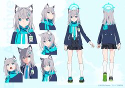 Rule 34 | 1girl, animal ear fluff, animal ears, aqua necktie, aqua scarf, black footwear, black skirt, blazer, blue archive, blue eyes, blue jacket, character sheet, closed mouth, commentary request, company name, cross hair ornament, expressions, from behind, green footwear, grey hair, hair ornament, highres, jacket, long sleeves, looking at viewer, looking to the side, looking up, miniskirt, mismatched pupils, necktie, official art, open mouth, plaid, plaid skirt, pleated skirt, scarf, shiroko (blue archive), shirt, short hair, simple background, skirt, smile, socks, two-tone footwear, upper body, white background, white shirt, white socks, wolf ears, wolf girl