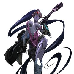 Rule 34 | 1girl, absurdly long hair, black gloves, bodysuit, breasts, center opening, colored skin, contrapposto, eyebrows, from below, gloves, gun, head-mounted display, huge weapon, impossible bodysuit, impossible clothes, large breasts, long hair, overwatch, overwatch 1, ponytail, puntaa, purple hair, purple skin, rifle, skin tight, sniper rifle, solo, standing, tattoo, unzipped, very long hair, weapon, white background, widowmaker (overwatch), yellow eyes