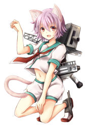Rule 34 | 10s, 1girl, :d, animal ears, blush, cat ears, cat tail, hand on thigh, kantai collection, kemonomimi mode, looking at viewer, machinery, midriff, navel, neckerchief, open mouth, paw pose, purple hair, red eyes, sailor collar, school uniform, serafuku, short hair, shorts, simple background, smile, solo, tail, tama (kancolle), white background, x na