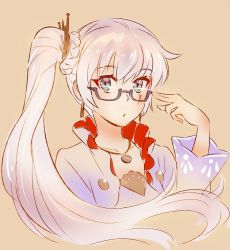 Rule 34 | 1girl, blue eyes, commentary, earrings, glasses, hair ornament, iesupa, jewelry, necklace, ponytail, rwby, scar, scar across eye, scar on face, solo, weiss schnee, white hair