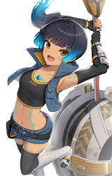 Rule 34 | blue eyes, brown eyes, chest jewel, fiery hair, glowing lines, gonzarez, hammer, high tops, highres, holding, holding hammer, navel, sena (xenoblade), shoulder strap, simple background, sneakers, weapon, white background, xenoblade chronicles (series), xenoblade chronicles 3