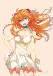 Rule 34 | 1girl, bare shoulders, blue eyes, breasts, brown hair, choker, cleavage, dress, hand on own hip, highres, large breasts, long hair, looking at viewer, neon genesis evangelion, open mouth, orange hair, realmbw, short dress, signature, smile, solo, souryuu asuka langley, sundress, white dress, wind