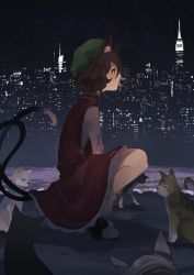 Rule 34 | 1girl, absurdres, animal, animal ears, brown eyes, brown hair, building, cat, cat ears, cat tail, chen, dress, green hat, hair between eyes, hat, highres, long sleeves, mob cap, multiple tails, naufaldreamer, red dress, short hair, solo, tail, touhou, two tails