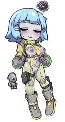 Rule 34 | 1girl, 3:, alien, blue hair, blunt bangs, bodysuit, boots, breasts, cleft of venus, closed eyes, closed mouth, colored nipples, colored skin, creature and personification, full body, furrowed brow, gloves, gray grunt, green bodysuit, grey footwear, grey gloves, grey skin, hair ornament, hairclip, knee boots, medium breasts, multicolored bodysuit, multicolored clothes, navel, no nose, nyong nyong, personification, pouch, purple nipples, purple pussy, pussy, short hair, simple background, solo, squiggle, standing, terraria, thigh strap, uncensored, white background, yellow bodysuit