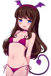 Rule 34 | 1girl, arms behind back, bikini, blue eyes, blush, breasts, brown hair, choker, demon tail, fang, hairband, highres, kurosu aroma, long hair, looking at viewer, navel, open mouth, pretty series, pripara, purple choker, red bikini, red hairband, side-tie bikini bottom, simple background, small breasts, smile, solo, standing, swimsuit, tail, tiger rmn, white background