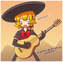 Rule 34 | 1girl, absurdres, acoustic guitar, blonde hair, blush stickers, bow, bowtie, braid, cookie (touhou), english text, closed eyes, guitar, hat, highres, instrument, majormilk, mariachi, meguru (cookie), mexico, music, musical note, playing instrument, short hair, side braid, singing, sombrero, touhou