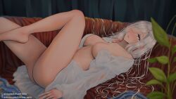 Rule 34 | 1girl, barefoot, blue eyes, blush, breasts, cleavage, commentary, english commentary, genshin impact, grey hair, hair over one eye, kitsune-neko, large breasts, long hair, long sleeves, looking at viewer, lying, mixed-language commentary, on back, one eye covered, open clothes, parted lips, patreon username, pixiv id, plant, shenhe (genshin impact), solo, thighs