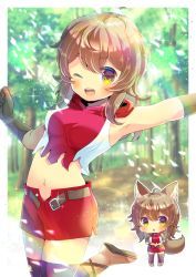 Rule 34 | 1girl, :o, ;d, ahoge, animal ear fluff, animal ears, belt, belt buckle, black belt, black gloves, black thighhighs, blush, boots, breasts, brown eyes, brown footwear, brown hair, buckle, chibi, commentary request, crop top, dungeon ni deai wo motomeru no wa machigatteiru darou ka, elbow gloves, gloves, hair between eyes, hood, hood down, hooded shirt, kou hiyoyo, liliruca arde, long hair, looking at viewer, medium breasts, multiple views, navel, one eye closed, open belt, open clothes, open fly, open mouth, open skirt, outstretched arm, parted lips, red skirt, shirt, skirt, smile, standing, standing on one leg, tail, teeth, thighhighs, thighhighs under boots, torn clothes, torn shirt, unbuckled, unbuttoned, upper teeth only