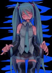 Rule 34 | 1girl, black background, black thighhighs, blue background, blue eyes, blue hair, blue thighhighs, blue tie, breasts, detached sleeves, hair between eyes, hatsune miku, hibi (dustbinrat), highres, long hair, necktie, pleated skirt, shirt, skirt, sleeveless, sleeveless shirt, small breasts, solo, standing, sweat, thighhighs, tired, twintails, two-tone background, very long hair, vocaloid