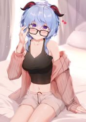 Rule 34 | 1girl, ahoge, alternate costume, arm up, bare shoulders, bed, black tank top, blue hair, blush, bolinger, breasts, cleavage, curtains, eyewear hang, unworn eyewear, fingernails, ganyu (genshin impact), genshin impact, goat horns, heart, highres, horns, jacket, jacket partially removed, large breasts, long hair, long sleeves, looking at viewer, navel, on bed, pillow, pink jacket, red horns, short shorts, shorts, sidelocks, sitting, solo, stomach, tank top, thighs, white shorts