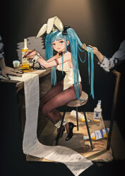 Rule 34 | 1girl, animal ears, arm strap, black bow, black bowtie, black footwear, black pantyhose, blue eyes, blue hair, bottle, bound ankles, bow, bowtie, breasts, chain, commentary request, cuffs, daible, fake animal ears, hair bow, hairband, hand in another&#039;s hair, handcuffs, high heels, highres, holding, holding pen, leotard, long hair, looking at viewer, medium breasts, on chair, open mouth, original, pantyhose, paper, pen, playboy bunny, shirt, shoes, signature, sitting, solo focus, twintails, very long hair, white hairband, white leotard, white shirt