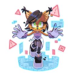 Rule 34 | 1girl, angiethecat, animal ears, animal nose, black hair, brown fur, full body, furry, furry female, gloves, glowing, glowing eyes, green eyes, highres, jewelry, lynx ears, lynx girl, nicole the holo-lynx, pants, shoes, smile, solo, sonic (series), sonic the hedgehog (archie comics)