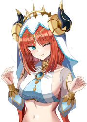 Rule 34 | 1girl, :q, absurdres, aqua eyes, bad id, bad twitter id, breasts, brooch, circlet, crop top, flying sweatdrops, forehead jewel, genshin impact, gold trim, hanasaka houcha, hands up, highres, horns, jewelry, long hair, long sleeves, looking at viewer, low twintails, medium breasts, navel, neck ring, nilou (genshin impact), one eye closed, parted bangs, puffy long sleeves, puffy sleeves, red hair, sidelocks, simple background, solo, stomach, tongue, tongue out, twintails, upper body, vambraces, veil, white background, white headdress