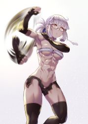 Rule 34 | 1girl, puff of air, abs, arm up, armpits, bandeau, bare shoulders, black shorts, black thighhighs, breasts, clenched hand, closed mouth, commentary request, elbow gloves, fate/grand order, fate (series), fingerless gloves, from below, gloves, gradient background, grey background, hair ornament, hand on own shoulder, looking away, matsumoto tomoyohi, medium breasts, motion blur, muscular, muscular female, navel, pale skin, penthesilea (fate), revealing clothes, semi-rimless eyewear, short hair, short shorts, shorts, sidelocks, silver hair, solo, spinning, standing, thighhighs, under-rim eyewear, white background, white bandeau, yellow eyes