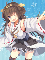 Rule 34 | 10s, 1girl, ;d, bad id, bad pixiv id, bent over, brown hair, frilled skirt, frills, grey eyes, hair ornament, japanese clothes, kantai collection, kongou (kancolle), long hair, long sleeves, looking at viewer, marotti, miko, one eye closed, open mouth, personification, revision, ribbon-trimmed sleeves, ribbon trim, skirt, smile, solo, thighhighs, very long hair, wide sleeves, wink, zettai ryouiki