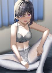 Rule 34 | 1girl, bare arms, bare shoulders, black hair, blue nails, blurry, blurry background, blush, bra, breasts, commentary request, curtains, depth of field, grey bra, grey panties, gurande (g-size), hair over one eye, high-waist pantyhose, highres, indoors, looking at viewer, nail polish, no shoes, nose blush, open mouth, original, panties, panties under pantyhose, pantyhose, red eyes, sharp teeth, small breasts, solo, teeth, underwear, underwear only, v-shaped eyebrows, white pantyhose