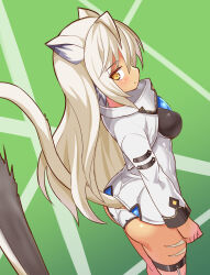 Rule 34 | 1girl, animal ears, ass, cat ears, cat girl, cat tail, closed mouth, commentary, cougar (cougar1404), cropped jacket, facial mark, from side, green background, jacket, light frown, long hair, long sleeves, looking at viewer, original, panties, shirt, silui (cougar1404), solo, standing, sword, tail, tan, thigh strap, underwear, weapon, whisker markings, white hair, white jacket, white panties, white shirt, yellow eyes