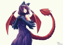 Rule 34 | 1girl, animal ears, animal hands, bare shoulders, clenched hands, dated, dress, fur, hair over one eye, light smile, long hair, looking to the side, low twintails, lutherniel, manticore (monster girl encyclopedia), monster girl, monster girl encyclopedia, prehensile tail, purple hair, red wings, reri (elh), ribbed dress, signature, simple background, sleeveless, sleeveless dress, solo, tail, tail raised, twintails, white background, wings, yellow eyes