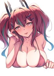 Rule 34 | 1girl, azur lane, bare arms, bare shoulders, bikini, breasts, bremerton (azur lane), cleavage, collarbone, cropped torso, hair ornament, halterneck, halterneck, hand up, head tilt, large breasts, long hair, looking at viewer, multicolored hair, pink bikini, pink eyes, pink hair, ryuinu, skindentation, solo, streaked hair, string bikini, swimsuit, tongue, tongue out, twintails