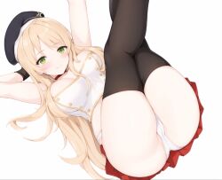 Rule 34 | 1girl, arm behind head, ass, azur lane, beret, black thighhighs, blonde hair, blush, breasts, choker, crossed legs, fiji (azur lane), green eyes, hat, large breasts, legs up, long hair, looking at viewer, lying, on back, outstretched arm, panties, red skirt, sa (nax49), skirt, smile, solo, thighhighs, thighs, underwear, very long hair, white background, white panties