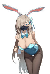Rule 34 | 1girl, animal ears, asuna (blue archive), asuna (bunny) (blue archive), bare shoulders, bent over, blue archive, blue bow, blue bowtie, blue eyes, blue leotard, bow, bowtie, breasts, brown pantyhose, cleavage, deatheach, detached collar, fake animal ears, hair over one eye, hairband, highres, large breasts, leotard, light brown hair, long hair, looking at viewer, mask, mole, mole on breast, mouth mask, official alternate costume, pantyhose, photo-referenced, playboy bunny, rabbit ears, simple background, solo, strapless, strapless leotard, thigh gap, thighband pantyhose, very long hair, white background, white hairband, white wrist cuffs, wrist cuffs
