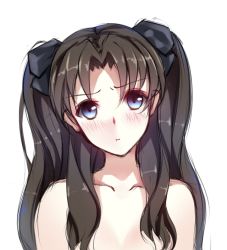 Rule 34 | 1girl, bad id, bad pixiv id, black hair, blue eyes, bow, brown hair, fate/stay night, fate (series), female focus, hair bow, looking at viewer, pout, solo, tohsaka rin, topless, topless frame, twintails, upper body, veilrain, white background