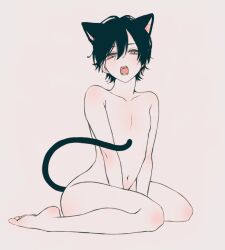 Rule 34 | 1boy, animal ears, arms between legs, black hair, black tail, cat boy, cat ears, cat tail, collarbone, commentary, completely nude, english commentary, fangs, full body, hair between eyes, highres, itumonoa, male focus, messy hair, no nipples, nude, on floor, open mouth, orange eyes, original, seiza, short hair, sitting, solo, tail, wariza, white background