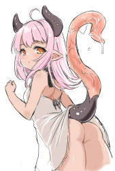 Rule 34 | 1girl, ahoge, ass, bare arms, bare shoulders, blush, brown eyes, cropped legs, dress, from behind, hand up, highres, horns, looking at viewer, looking back, no panties, original, parted lips, pink hair, pointy ears, simple background, sleeveless, sleeveless dress, solo, unname, white background, white dress