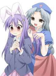 Rule 34 | 2girls, animal ears, blue dress, blush, braid, carrot, carrot hair ornament, dress, female focus, food-themed hair ornament, food themed hair ornament, grey eyes, hair ornament, hairclip, hand in own hair, hat, jacket, long hair, long sleeves, mashima (sumachi), multicolored clothes, multicolored dress, multiple girls, nurse cap, open mouth, own hands clasped, own hands together, pink eyes, puffy sleeves, purple hair, rabbit ears, red dress, reisen udongein inaba, ruffling hair, shirt, short sleeves, silver hair, skirt, smile, touhou, very long hair, yagokoro eirin