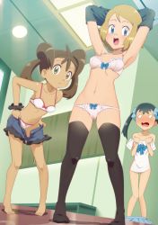 Rule 34 | 3girls, :d, absurdres, arms up, barefoot, black thighhighs, blonde hair, blue eyes, blue ribbon, blush, bow, bow bra, bra, breasts, brown hair, changing room, clothes lift, covering privates, creatures (company), dark-skinned female, dark skin, denim, denim shorts, feet, game freak, gazing eye, green eyes, highres, indoors, legs apart, looking at viewer, multiple girls, navel, nintendo, nose blush, nude cover, o o, open mouth, panties, pink bow, pokemon, pokemon (anime), pokemon performer, pokemon xy (anime), ribbon, scrunchie, serena (pokemon), shauna (pokemon), shirt lift, short hair, short shorts, shorts, skirt, small breasts, smile, standing, stomach, sweat, sweatdrop, thighhighs, twintails, underwear, undressing, unworn skirt, white bra, white panties, wide-eyed, wrist scrunchie