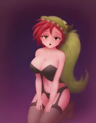 Rule 34 | 1girl, abstract background, absurdres, animal hood, asymmetrical clothes, bare shoulders, bent over, black lingerie, black nails, breasts, cartoon network, cleavage, defeated expression, demencia, female focus, green hair, half-closed eyes, hands on thighs, heterochromia, highres, hood, kneeling, large breasts, lingerie, long hair, o:, open mouth, pale skin, pink nails, purple background, red eyes, red hair, saf-404, seductive smile, short hair, smile, solo, thighhighs, underwear, very long hair, villainous, yellow eyes