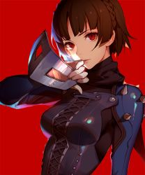 Rule 34 | 10s, 1girl, ask (askzy), braid, breasts, brown hair, gloves, mask, unworn mask, medium breasts, niijima makoto, persona, persona 5, red background, red eyes, scarf, solo