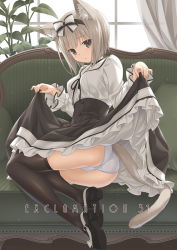 Rule 34 | 1girl, animal ear fluff, animal ears, black footwear, black ribbon, black thighhighs, bow, buttons, cat ears, cat tail, clothes lift, couch, curtains, frilled skirt, frilled sleeves, frills, full body, grey eyes, grey hair, hairband, hashimoto takashi, leaf, original, panties, pillow, plant, ribbon, short hair, sitting, skirt, skirt lift, solo, tail, thighhighs, underwear, white panties, window